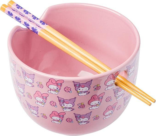 Sanrio Hello Kitty and Friends My Melody and Kuromi Pastel Flowers Ceramic Ramen Bowl With Chopsticks