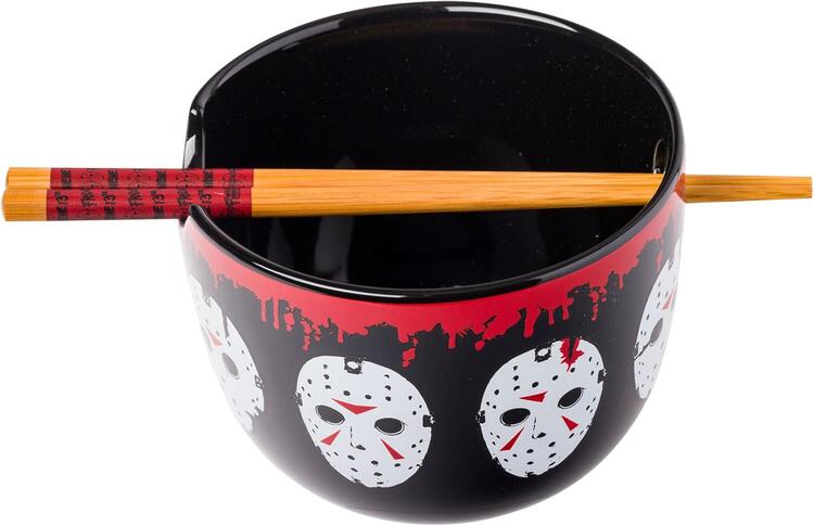 Friday the 13th Mask Line Up Ceramic Ramen Bowl with Chopsticks,20 oz