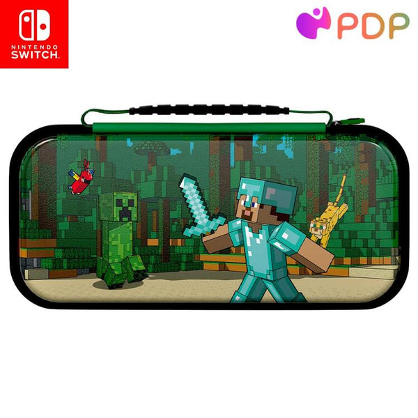 PDP REALMz™ Nintendo Switch Travel Case Plus GLOW with Wrist Strap, Built-in Stand & Game Storage Pockets, Officially Licensed: Minecraft Forest Battle (Glow in the Dark)