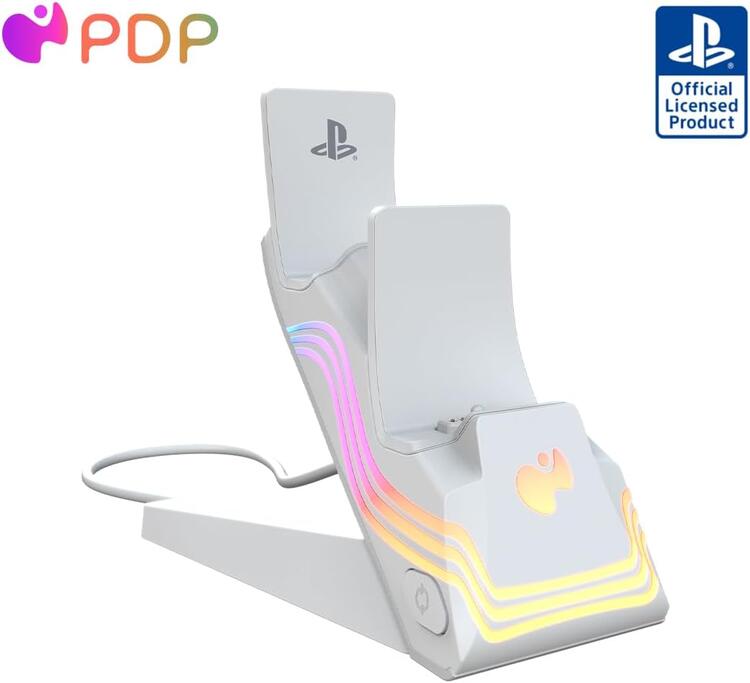 PDP Afterglow™ Wave LED Dual Gaming Charger for 2 PlayStation 5 DualSense Controllers, Compatible with PS5 and PS4, Customizable RGB Lighting Effects - White